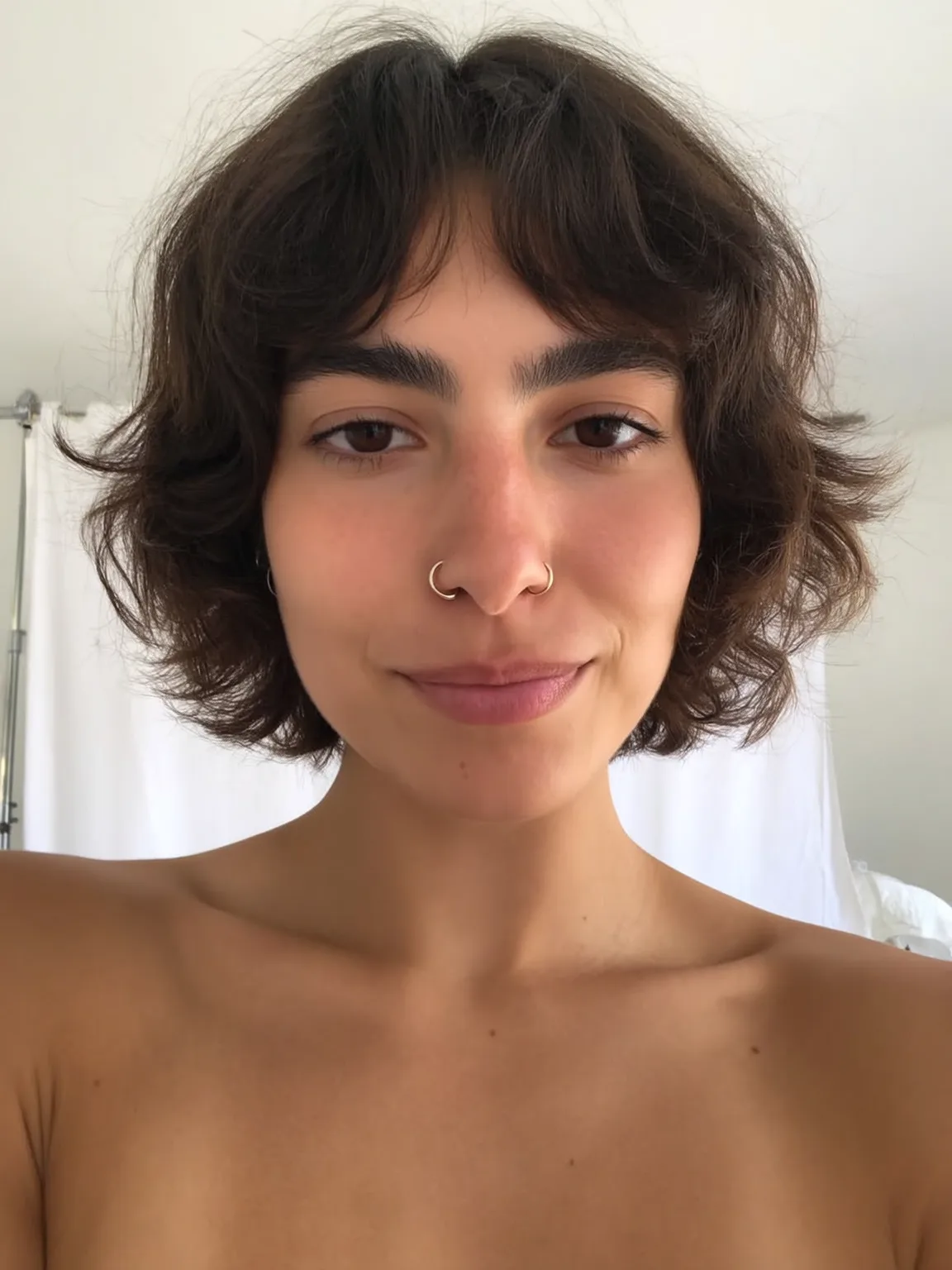 Textured Bob with Curtain Bangs in Rich Chocolate Brown